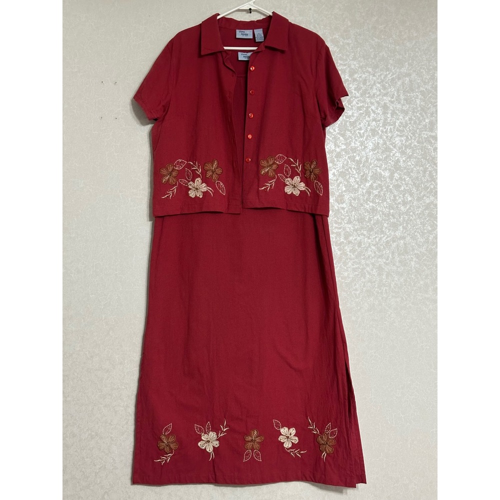 Jane Ashley Vintage Floral Embroidered Maxi Dress & Crop Jacket Set Cotton Red L